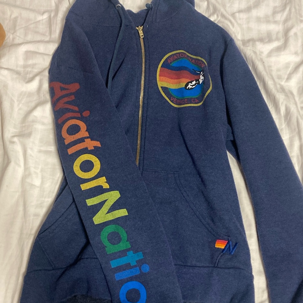 Aviator Nation Blue Hoodie with Rainbow Logo